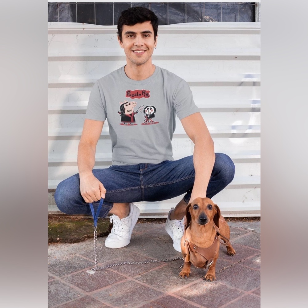 Peppa Pig + Saw = Puzzle Pig JigSaw Billy The Puppet Men’s Gray Tee